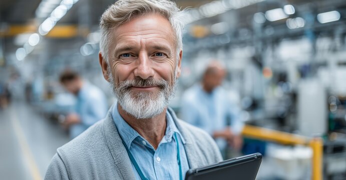 Industrial engineer with a tablet standing in a factory. A middle-aged Caucasian man with gray hair works in a modern manufacturing environment.