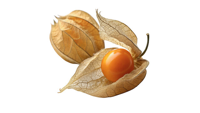 Single fresh ripe orange physalis fruit husk isolated on transparent background for exotic dessert decoration