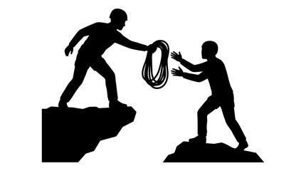 Silhouette of one person handing a rope to help another climber © Fatkhur