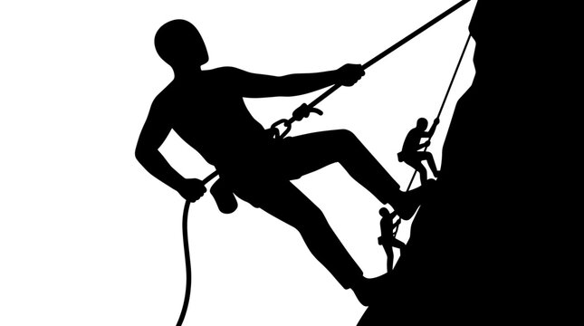 Silhouettes of rock climbers rappelling down a mountain cliff