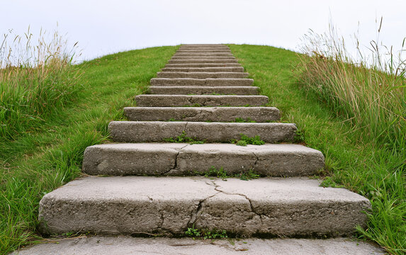 Stone stairs lead up green grassy hill under cloudy sky. Low angle shot shows outdoor footpath for climbing toward top destination.