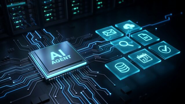 Artificial intelligence agent processor on futuristic circuit board with glowing blue neon digital icons representing various automated services and data processing tasks in server room.