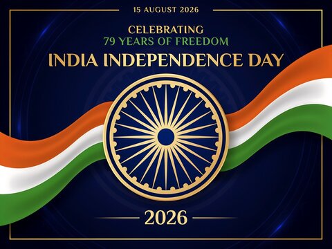 Celebrating 79 years of freedom India independence day 2026 poster with large ashoka chakra central wheel and waving tricolor national flag on dark blue background with gold borders.