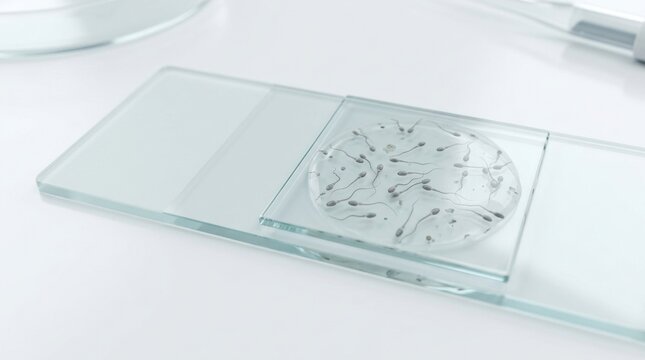 Sperm cells are placed on a microscope slide for analysis in a laboratory setting focused on reproductive health.
