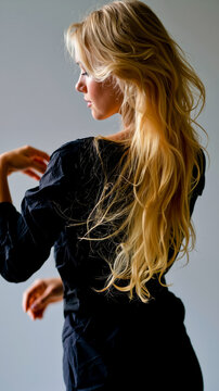 A woman with long blonde hair wearing a black shirt