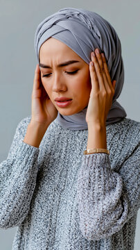 A woman wearing a hijab and a gray sweater with her hand on her head