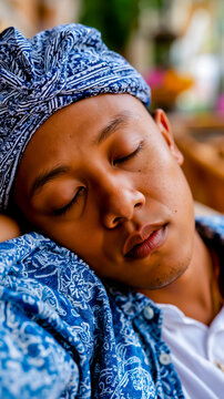 A man with a blue and white patterned headband is sleeping with his eyes closed