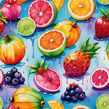 Seamless pattern of vibrant digital fruit illustrations featuring pineapples orange slices and berries with melting fluid water drips