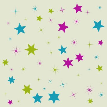 Playful star pattern with pink, blue, and lime green stars on a light beige background