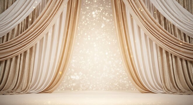 Luxury stage background with golden and white curtains and sparkling bokeh lights, elegant festive backdrop for events, awards, or product display