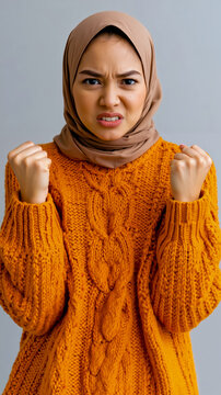 A woman wearing a hijab and an orange sweater is making a fist with both hands