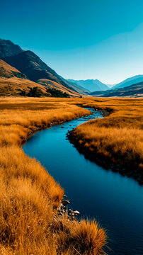 A winding river flows through a dry grassland with distant mountains under a clear blue sky