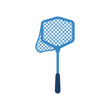 Blue fly swatter with handle.