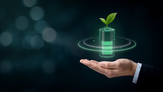 Hand holding glowing battery icon with green plant growing symbolizing renewable energy sustainability eco friendly power generation and green technology solutions for planet conservation.