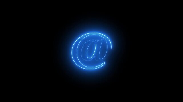 Blue Neon @ Symbol Animation on Black Background 4K Motion Graphics Stock Footage.