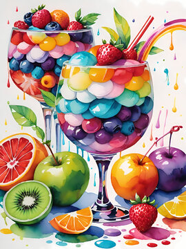 Vibrant digital art of colorful rainbow fruit cocktails in glasses with layered berries and fresh tropical fruits around the base