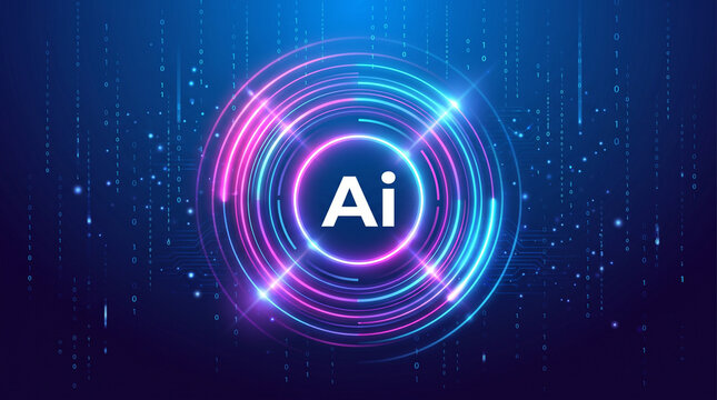 Artificial intelligence logo glows with neon circular lines on a dark blue digital background.