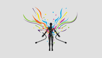 Fototapeta premium Powerful illustration of human silhouette breaking chains and releasing vibrant colorful wings of freedom.