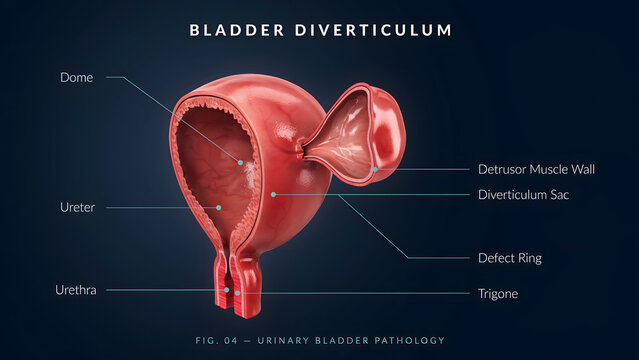 Anatomical medical illustration of a bladder diverticulum pathology