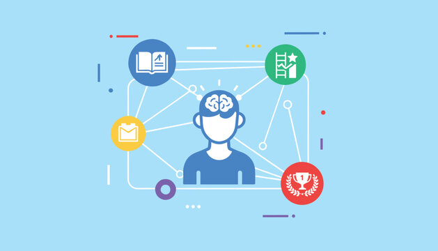 Flat graphic representing mental growth, learning development, and knowledge connection icons around brain.