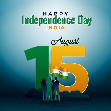 Indian independence day celebration graphic featuring silhouettes of people holding national flag in front of large fifteen number against gradient blue background artistic design.