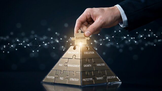 Corporate success strategy metaphor using hand placing final golden puzzle piece labeled with word success atop pyramid structure built from various business development concepts.