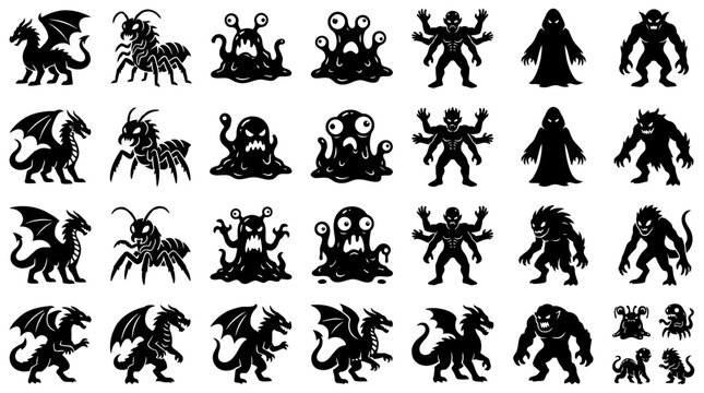 Fantasy monster silhouette set featuring dragons and mythical creatures for graphic design