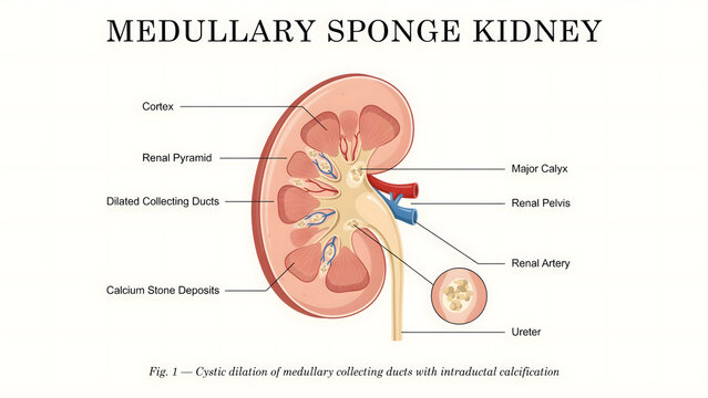 Anatomical illustration of a kidney with medullary sponge kidney disease