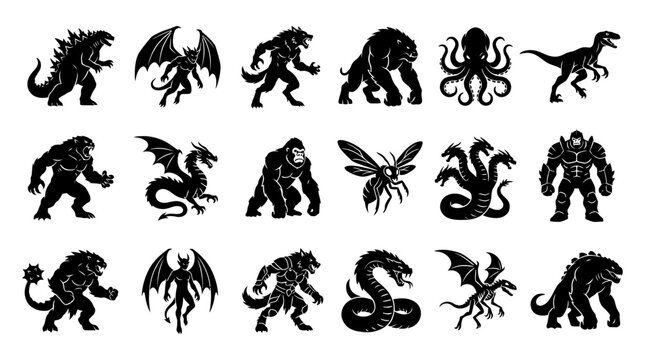 Collection of diverse monster silhouettes, including mythical creatures and beasts, displayed in a graphic illustration style