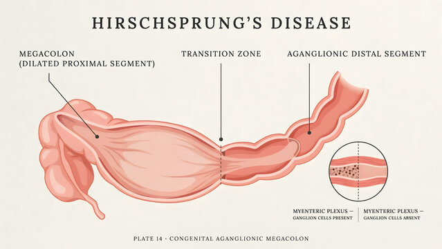 Medical illustration showing pathology of Hirschsprung disease in the colon