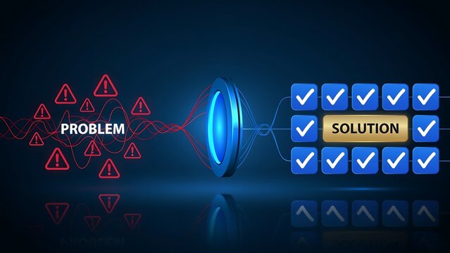 Conceptual illustration showing complex tangled problem lines transforming through blue portal into organized solution checkmarks on dark background with reflections and glowing light.