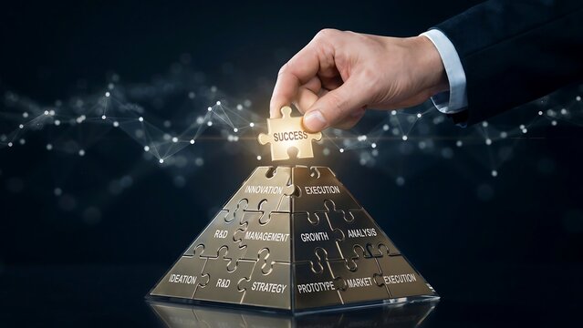 Close up shot of hand adding golden success puzzle piece to complete business strategy pyramid including management and growth segments on reflective dark surface with bokeh effect.