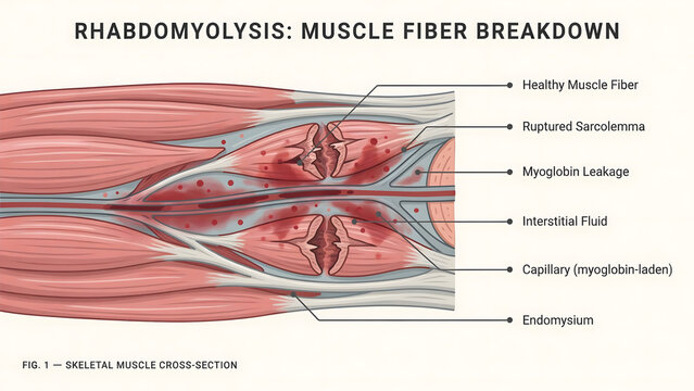 Diagram of rhabdomyolysis showing skeletal muscle fiber breakdown and leakage