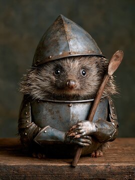 Whimsical hedgehog warrior in armor with a wooden spoon