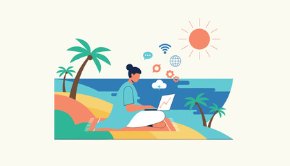 Fototapeta premium Female digital nomad working on her laptop from a beautiful tropical beach demonstrating remote career freedom.