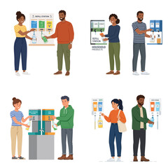 Obraz premium People using eco-friendly refill stations for soap and detergent. Flat vector illustration of sustainable household product dispensing.