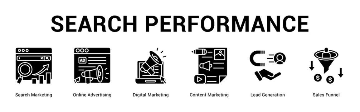 Search Performance web banner icon concept,  with Search Marketing, Online Advertising, Digital Marketing, Content Marketing, Lead Generation, Sales F.