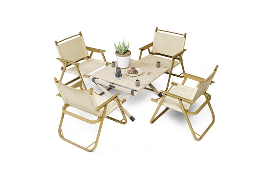 High angle view of outdoor camping table and folding chairs set isolated on white background.