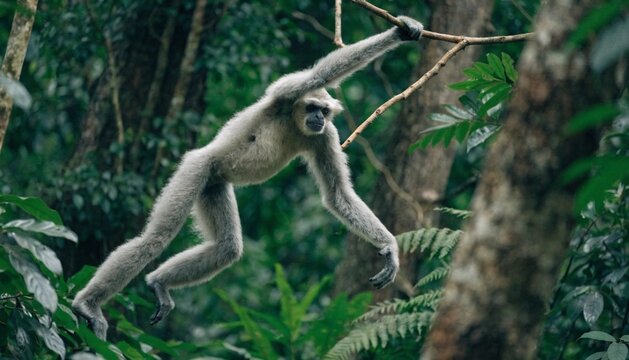 Silvery gibbon (Hylobates moloch) climbing and swinging trees branch in jungle in Sumatra, Indonesia
