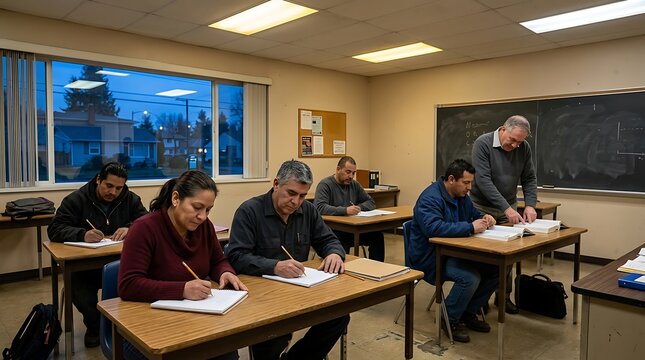 Diverse Adult Students Studying and Writing in a Classroom Environment with Teacher Guidance for Lifelong Learning