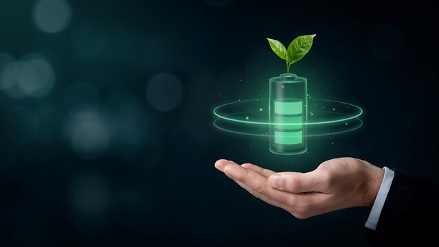 A businessperson's hand holds a glowing battery with a plant growing out of it, symbolizing green energy, sustainable power, and ecological solutions.