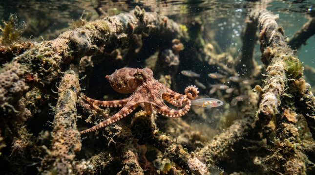Close up of a miniature octopus hunting young Gobies fish in tunnel of mangroves , coast of Indonesia.
