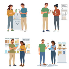 Obraz premium Vector illustration of diverse people using zero waste refill stations for groceries and toiletries to reduce plastic waste.