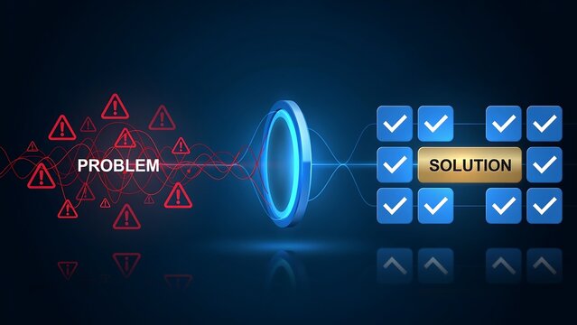 Problem and solution concept with a digital portal converting abstract red problem symbols into organized blue solution checks, representing business strategy.