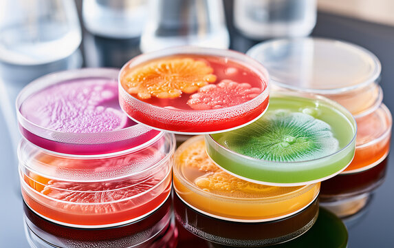 Petri dishes hold colorful bacterial and fungal growth in a science lab. Microorganisms cultured on agar media display diverse patterns and textures for research