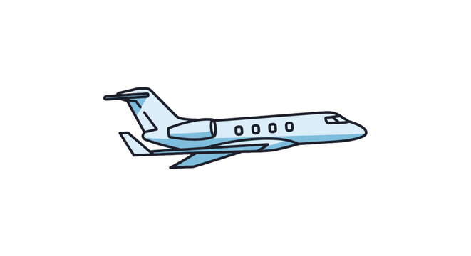 Sleek private jet airplane flying on white background.