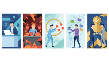 Fototapeta premium Multi panel vector illustration showing various stages of corporate workflow stress management and successful agreement.
