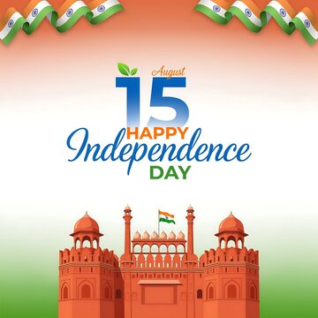 Happy independence day, august 15, India celebrating freedom with red fort and national flag design on white and orange background.