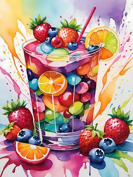 Vibrant digital art of a colorful rainbow fruit smoothie glass with fresh strawberries berries and citrus slices with ink splashes