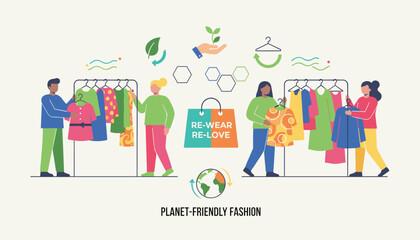 Fototapeta premium Group of conscious consumers shopping eco friendly clothing to promote sustainable fashion and circular economy practices.